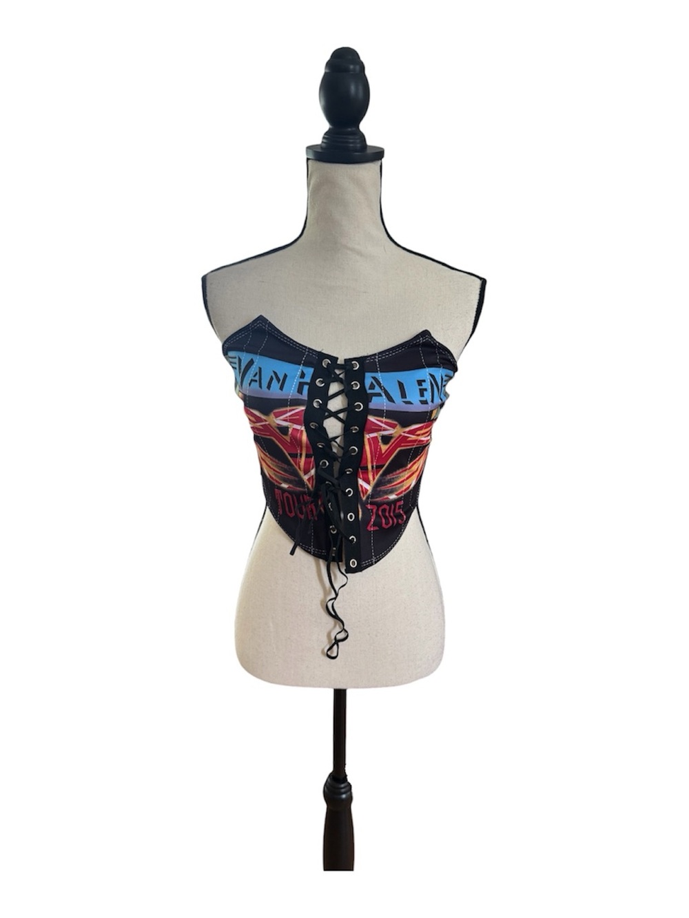 Band Graphic Lace-Up Corset Top - Black/Blue/Red